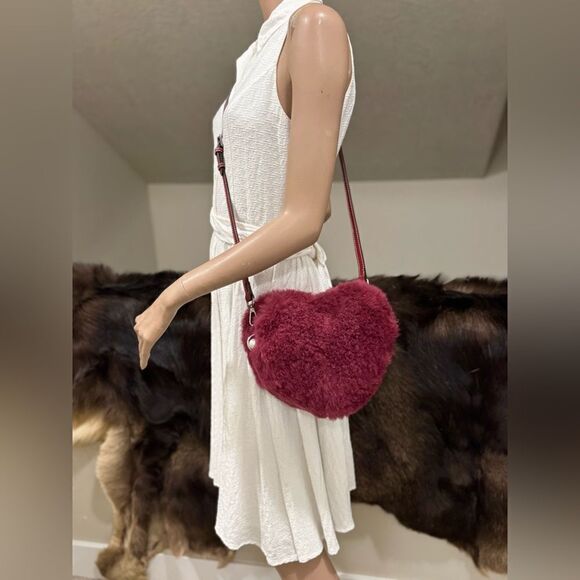 Maroon Handmade Dyed Genuine Shearling Heart Shaped & Fur Strap Bag, Crossbody - Picture 8 of 16